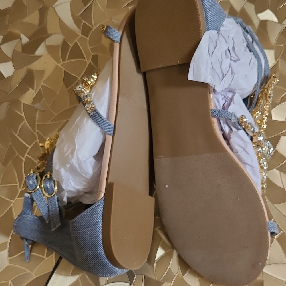 Shoe Dazzle Gold Crystal & Denim Gladiator Sandals - Picture 6 of 12